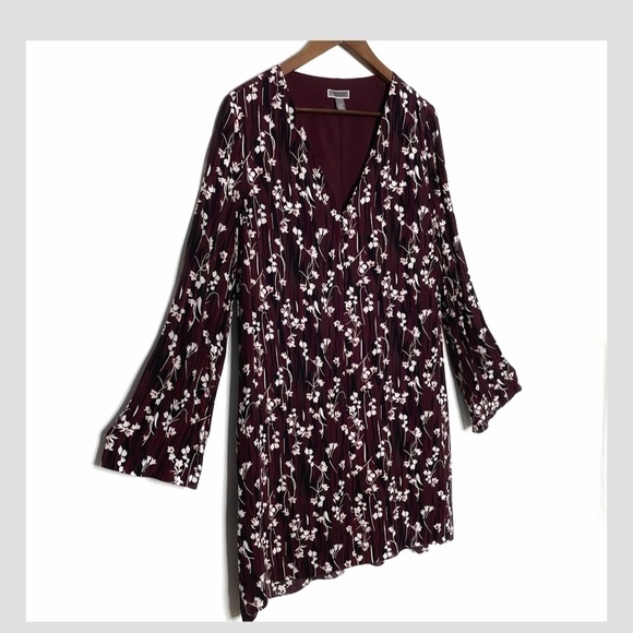 Chelsea28 Shift Dress Long Sleeve V- Neck Pockets Maroon Red Floral Lightweight - Picture 2 of 10